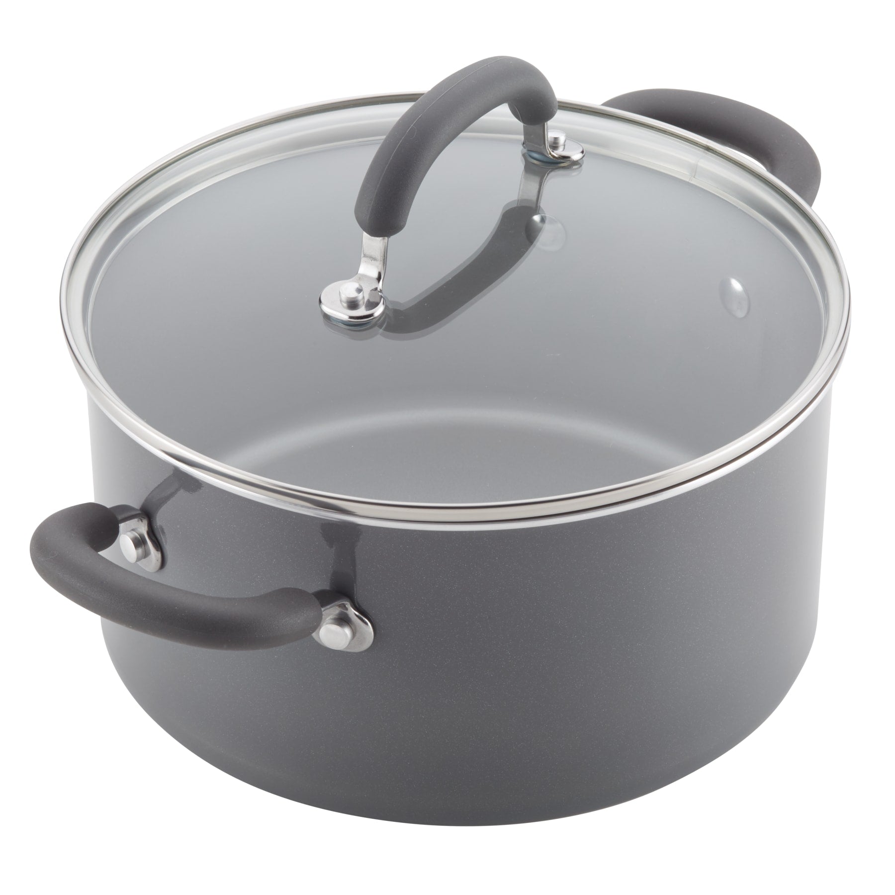 13-Piece Nonstick Set includes gray saucepan with glass lid and durable aluminum.