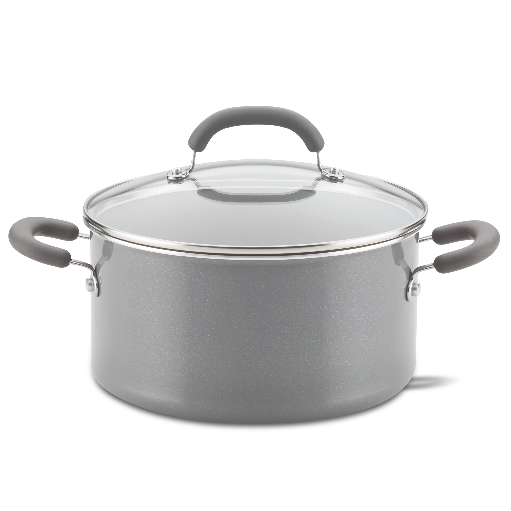 6-Quart Nonstick Induction Covered Stockpot with glass lid and black handles.
