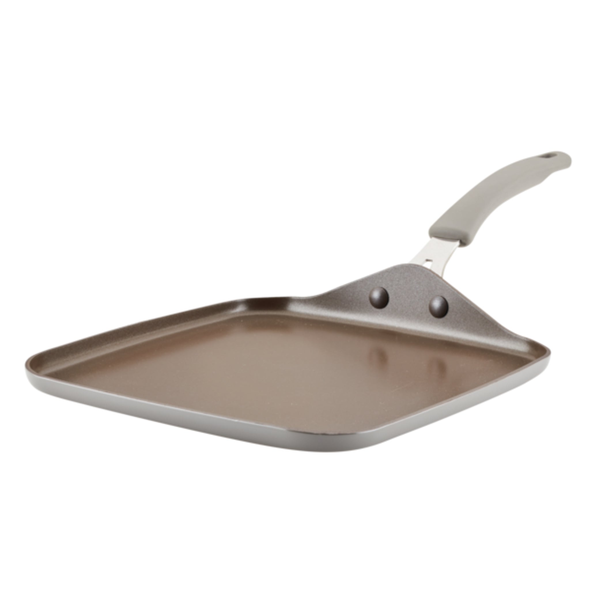 The 11-Inch Cook + Create Nonstick Square Griddle Pan features a grey handle and is made from thicker gauge aluminum for enhanced stovetop performance.