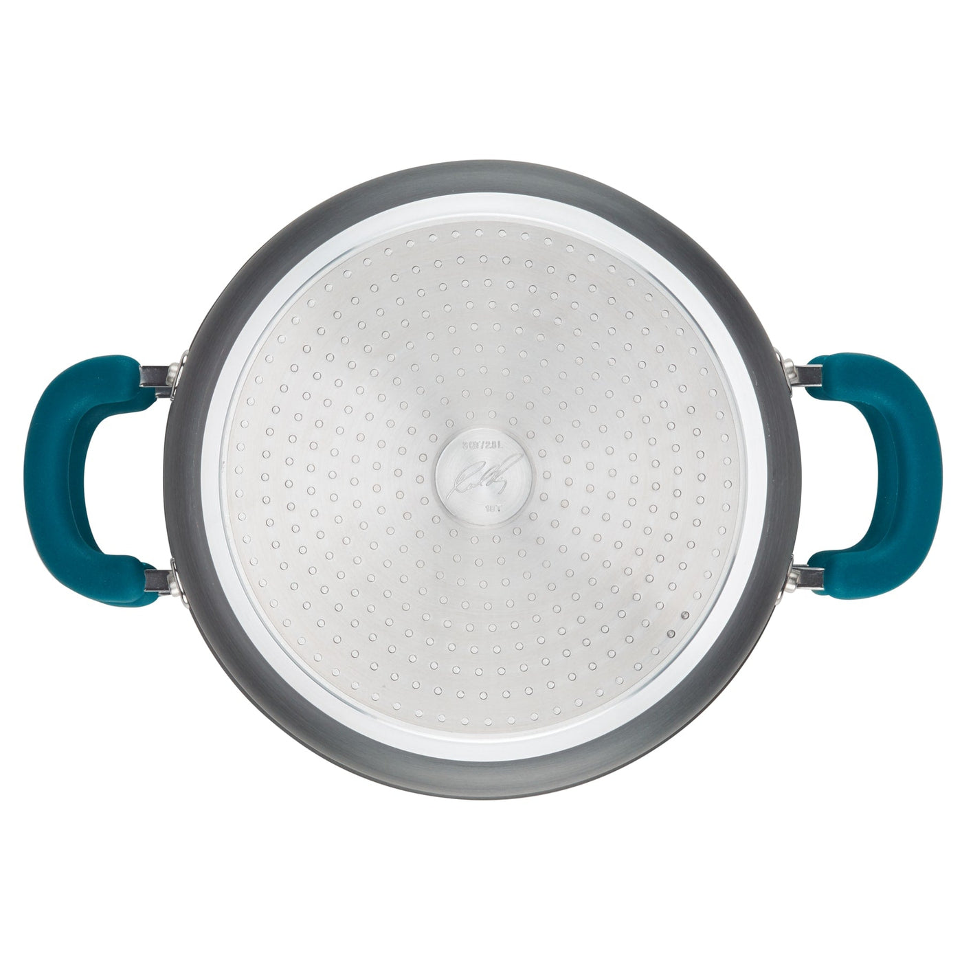 Top view of 3-Quart Hard Anodized Nonstick Induction Steamer Set with teal handles.
