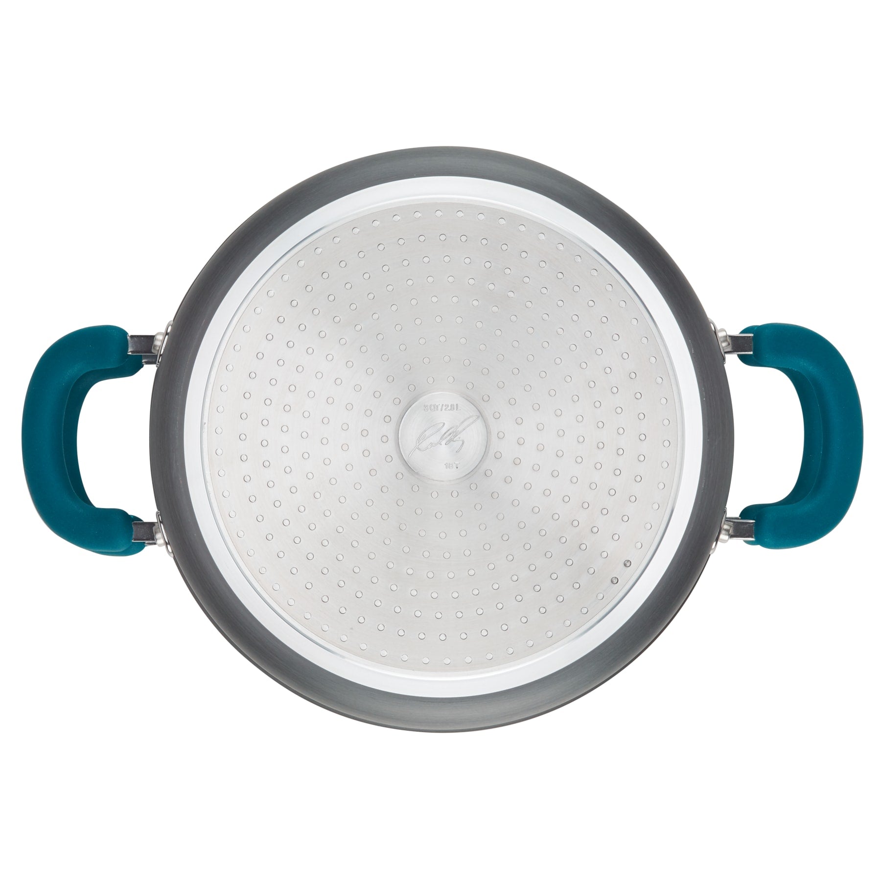 Top view of 3-Quart Hard Anodized Nonstick Induction Steamer Set with teal handles.