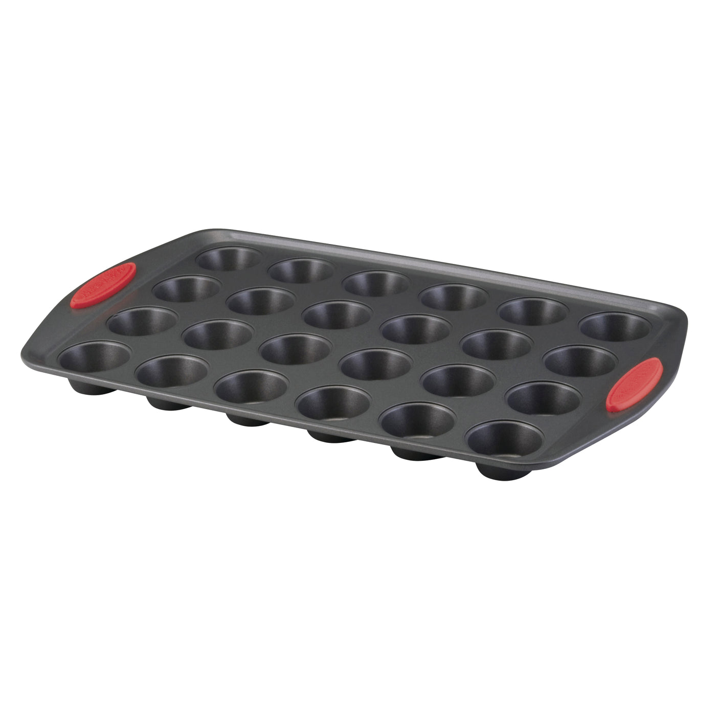 The 24-Cup Nonstick Mini Muffin Pan in black, featuring red silicone handles, guarantees effortless baking. Its oven-safe design provides a seamless experience whenever you're ready to whip up some delightful mini muffins.