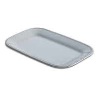 The 8" x 12" Rectangular Platter is a ceramic serving piece with slightly curved edges, crafted from durable material and featuring a stain-resistant glaze on a white background.