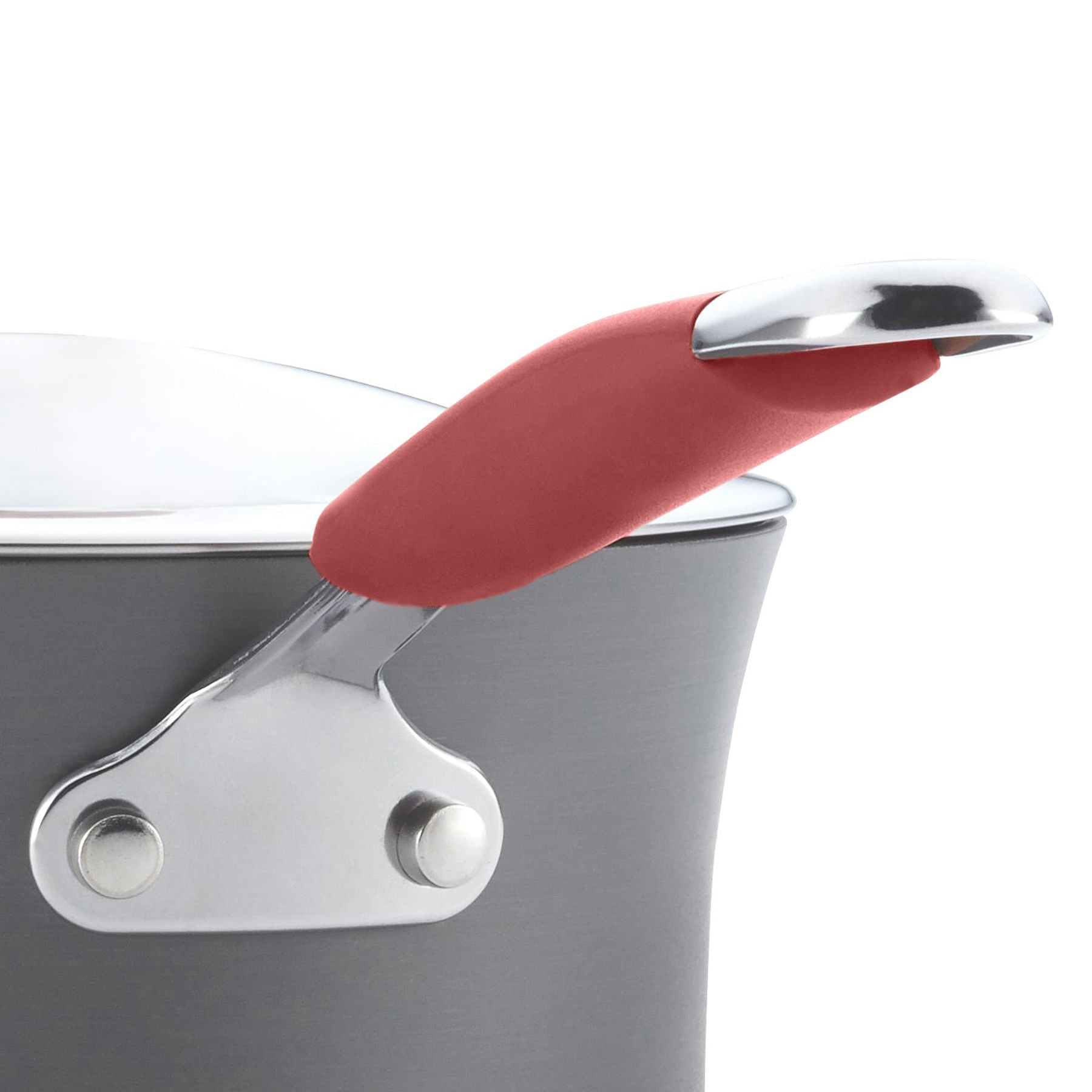 The 12-Piece Cucina Hard Anodized Nonstick Cookware Set features a gray pot with a red silicone handle affixed to a metal riveted attachment. Crafted from durable aluminum for enhanced strength, this nonstick cookware ensures effortless food release, simplifying meal preparation.