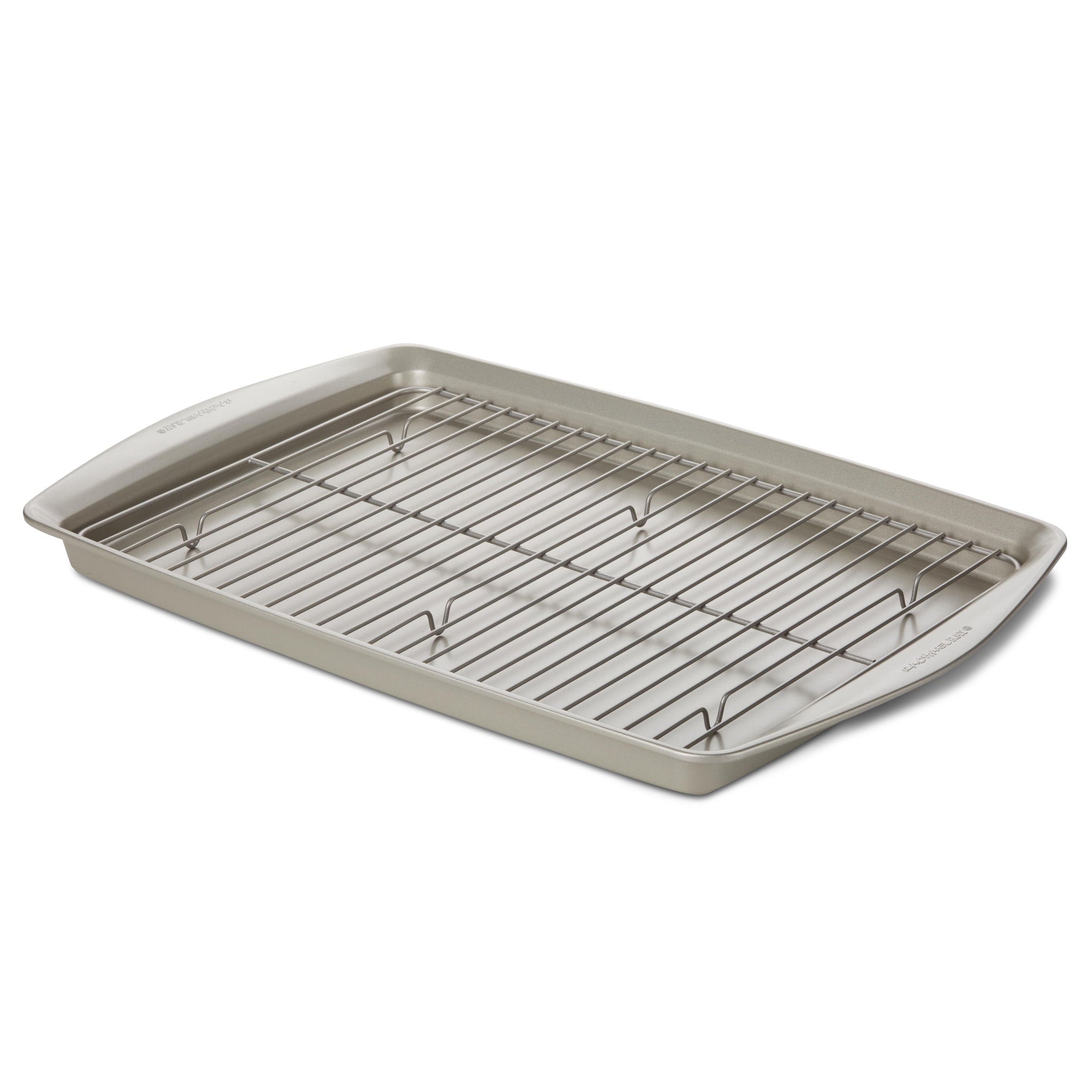 The 13-Inch x 19-Inch Jumbo Nonstick Sheet Pan with Rack, crafted from heavy gauge steel, is elegantly placed on a white background.