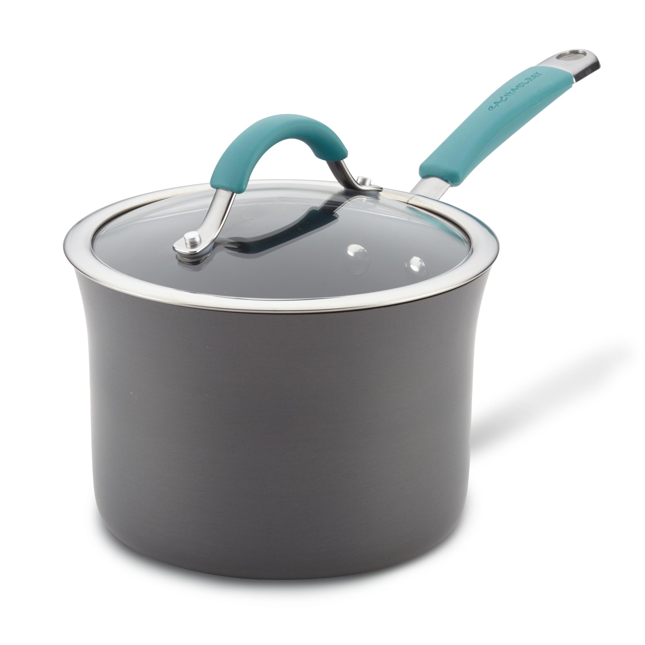 The 3-Quart Cucina Hard Anodized Nonstick Covered Saucepan comes with a nonstick surface, a teal handle, and is topped with a glass lid.
