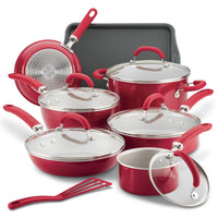 13-Piece Nonstick Induction Cookware Set with glass lids, sheet & spatula.