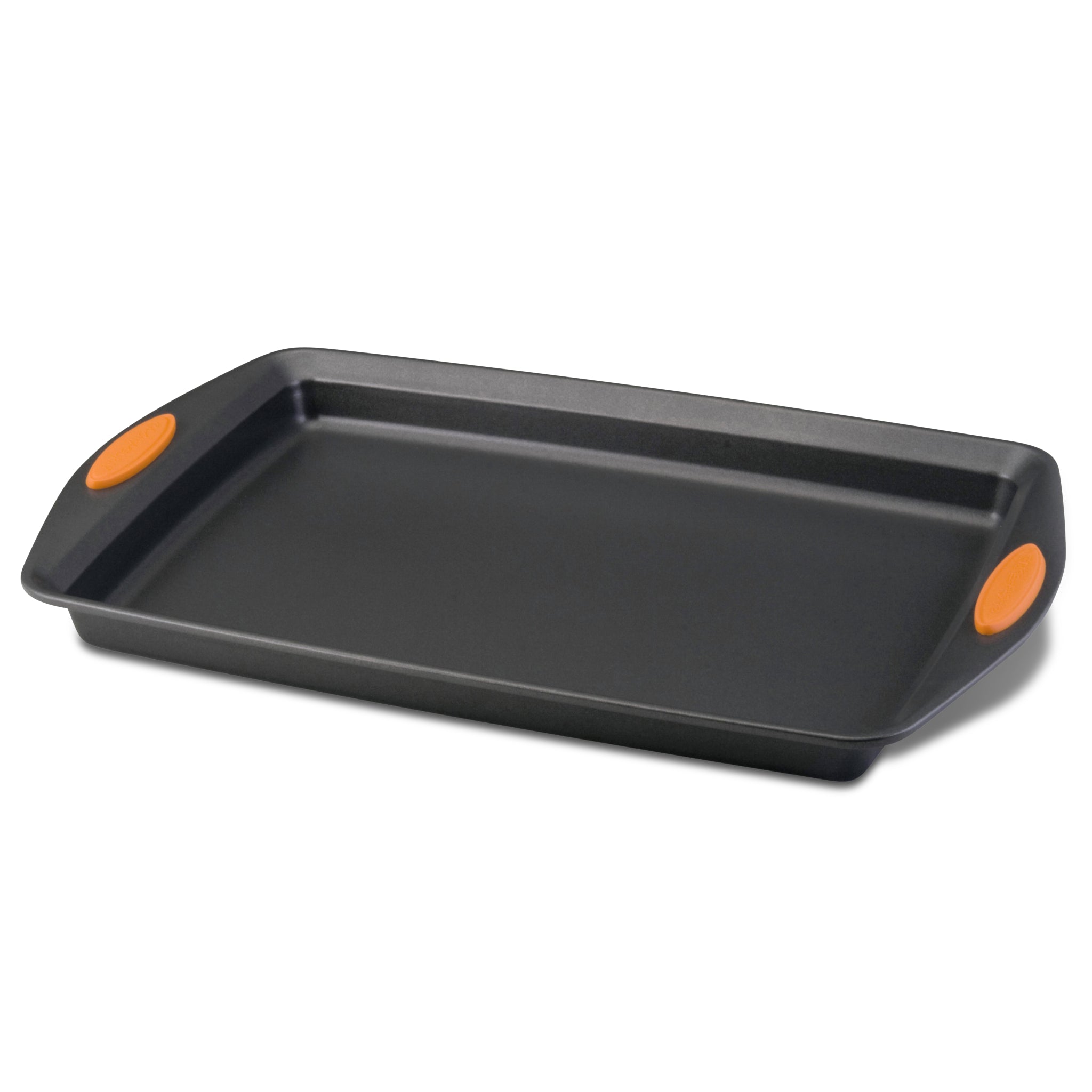 Crafted from heavy gauge steel with nonstick surfaces, the Nonstick Baking & Sheet Pans include orange silicone grips for easy handling. This black baking tray is oven safe and ideal for all your culinary creations.