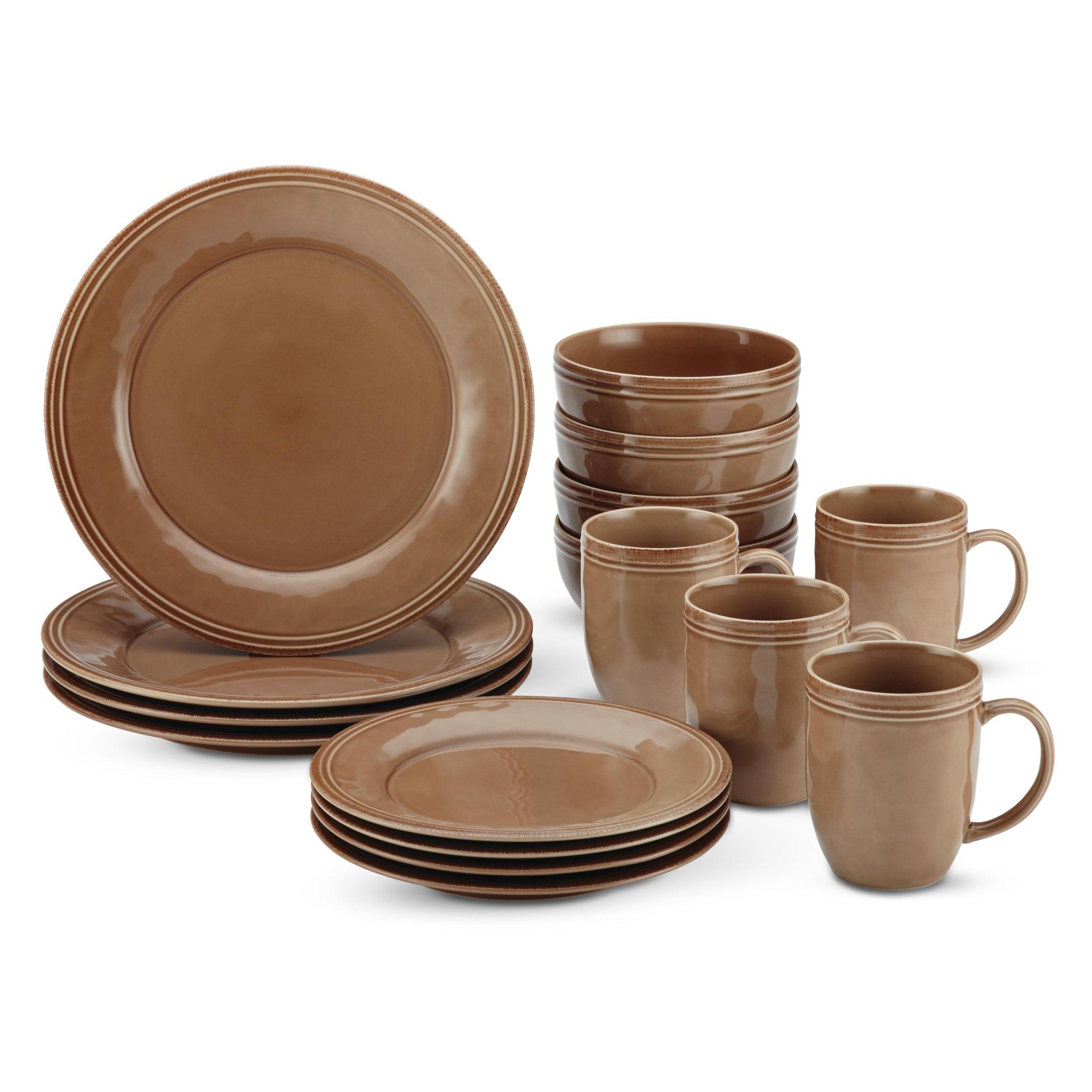 The 16-Piece Dinnerware Set, crafted from brown ceramic and showcasing plates, bowls, and mugs with a handcrafted texture, is beautifully displayed and conveniently dishwasher safe.