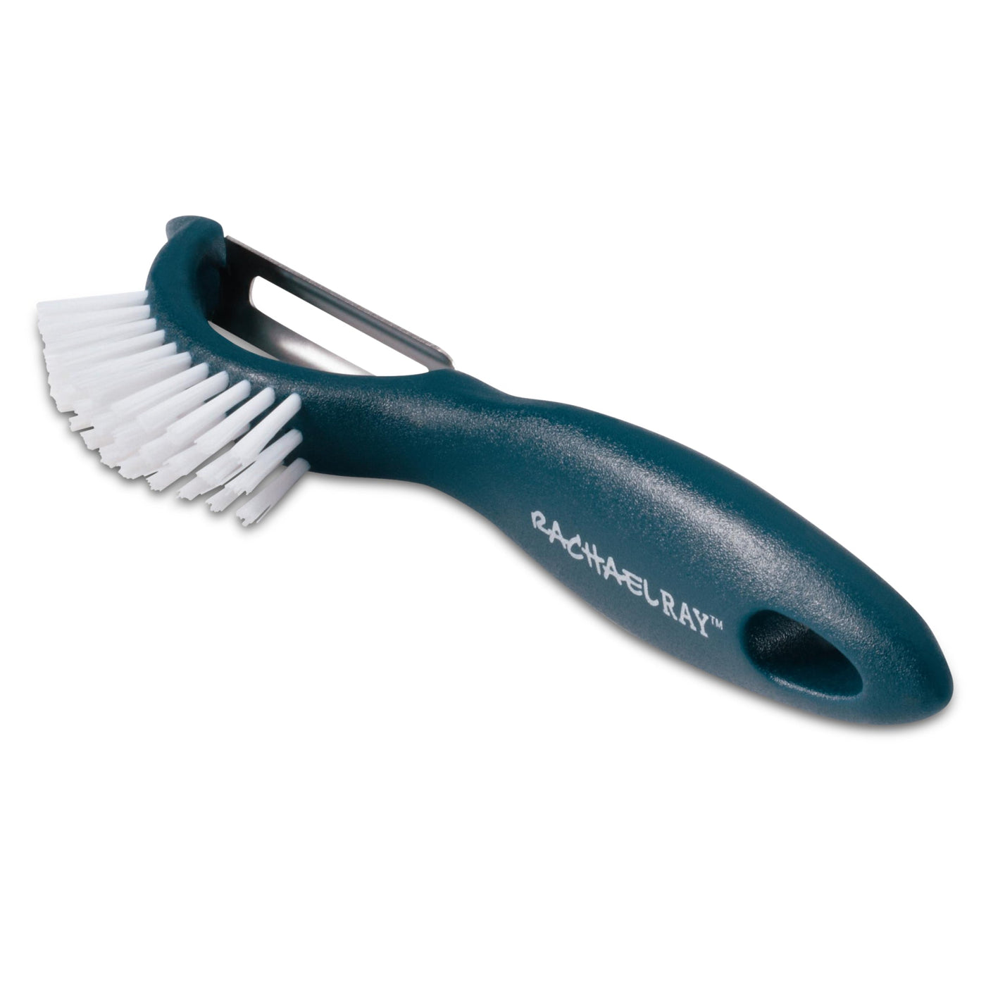 Introducing the Veg-A-Peel 3-in-1 Tool, a blue and white scrub brush with an ergonomic handle, ideal for enhancing your kitchen tool collection. It features branding text and is designed to be dishwasher safe for easy cleanup.