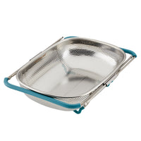 The 4.5 Quart Over-the-Sink Colander is a rectangular metal colander with turquoise handles, featuring perforated sides and crafted from stainless steel.