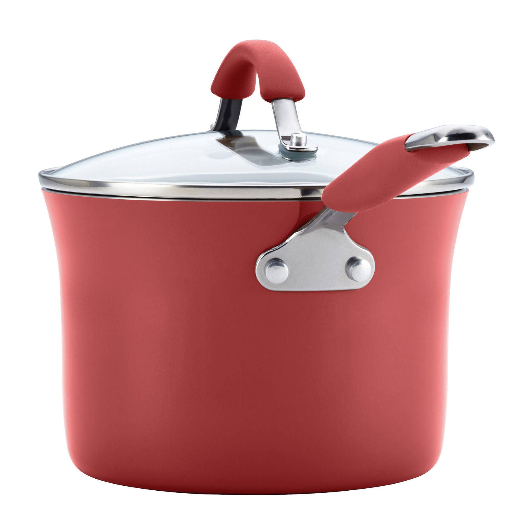 This sturdy aluminum pot from the 12-Piece Cucina Nonstick Cookware Set comes with a glass lid and coordinating red handles on both the lid and pot, providing an elegant appearance along with nonstick practicality.