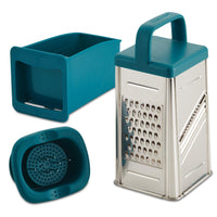 The 4-Sided Box Grater with Storage Box is an essential kitchen tool featuring a stainless steel build, a blue handle, and a slicer, along with a convenient container to make food prep easy and efficient.