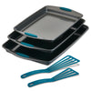 A set featuring three gray baking trays with blue handles and two slotted spatulas, all part of the 5-Piece Nonstick Sheet Pan and Turner Set in Rachael Ray's Yum-o!® signature style. These nonstick sheet pans guarantee effortless baking and easy cleanup.