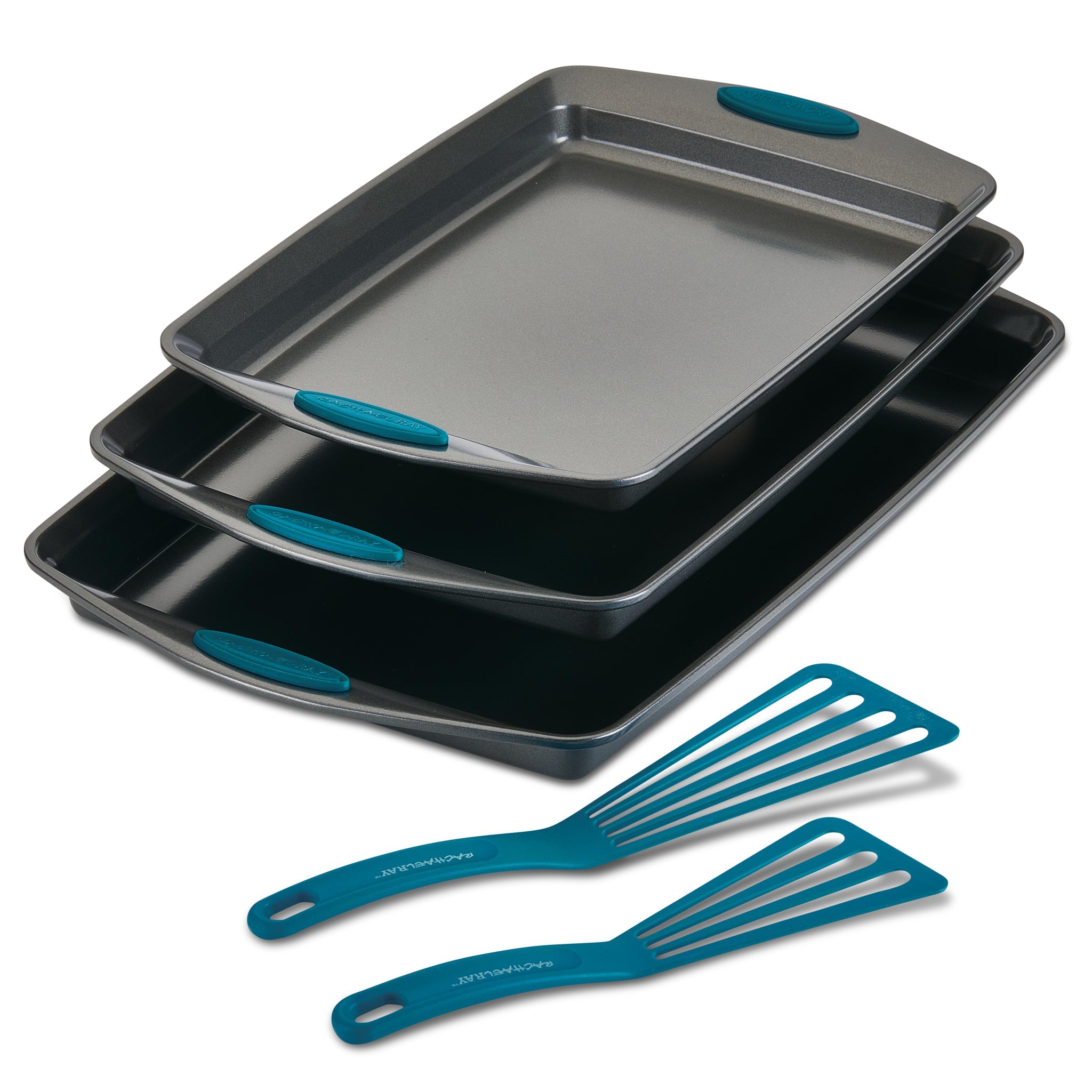 A set featuring three gray baking trays with blue handles and two slotted spatulas, all part of the 5-Piece Nonstick Sheet Pan and Turner Set in Rachael Ray's Yum-o!® signature style. These nonstick sheet pans guarantee effortless baking and easy cleanup.