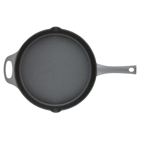 12-Inch NITRO Cast Iron Skillet in gray, with a long handle and a helper handle, featuring nitro heat treatment for enhanced durability.