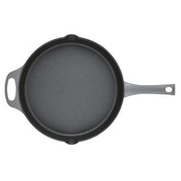 12-Inch NITRO Cast Iron Skillet in gray, with a long handle and a helper handle, featuring nitro heat treatment for enhanced durability.