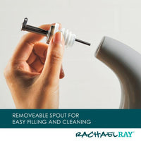 Hand holding a stainless steel pour spout next to a 24-Ounce EVOO Bottle with text overlay.