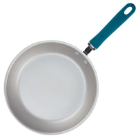 A 9.5" and 11.75" nonstick induction frying pan with a blue handle, top view.