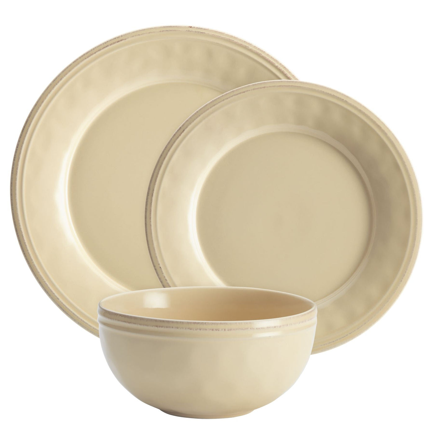 The 16-Piece Dinnerware Set includes a group of three beige dishes, featuring two plates and one bowl with a handcrafted texture. This ceramic dinnerware is not only elegant but also dishwasher safe.