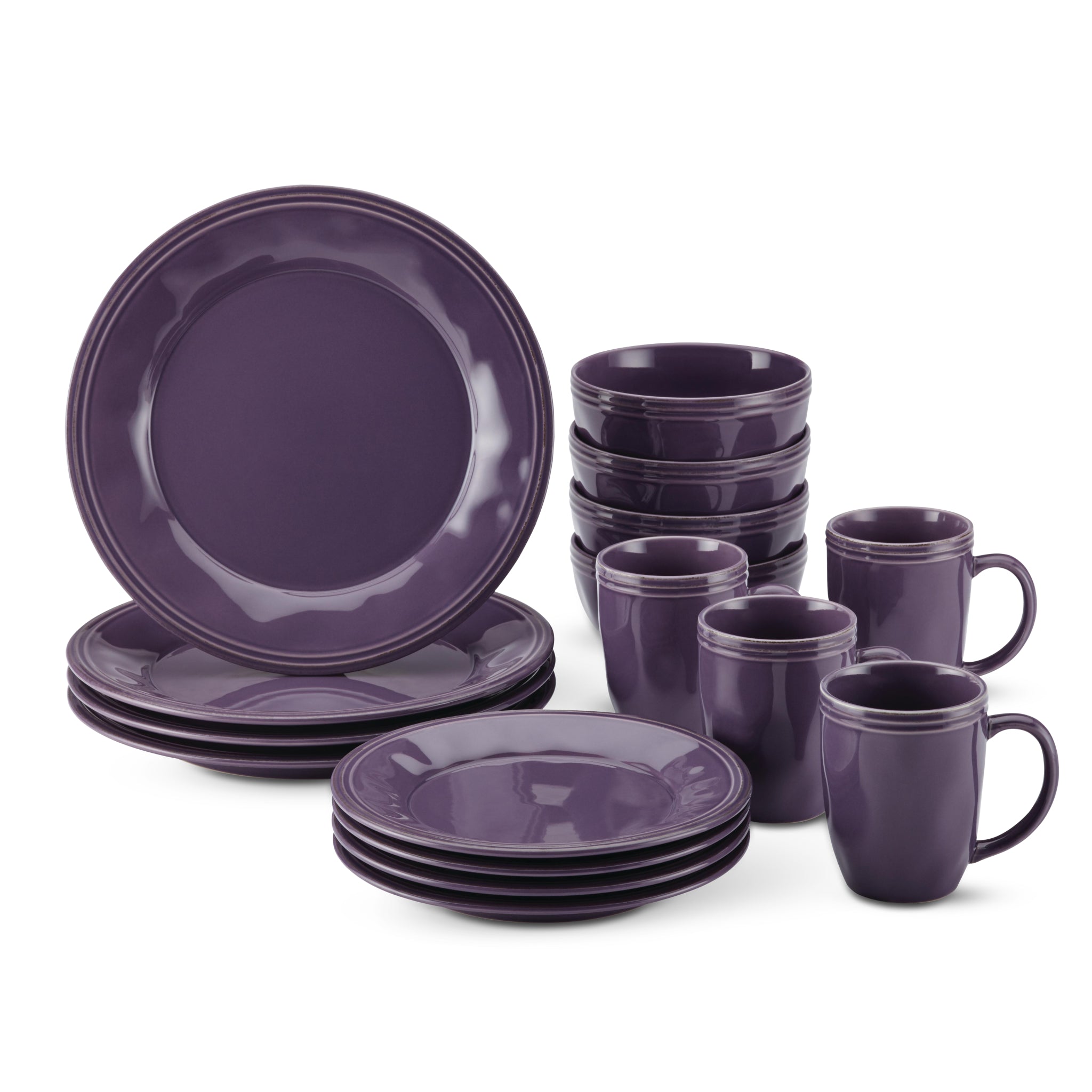The 16-Piece Dinnerware Set includes purple ceramic plates, bowls, and mugs with a handcrafted texture. This stylish collection is also dishwasher safe for easy cleaning.