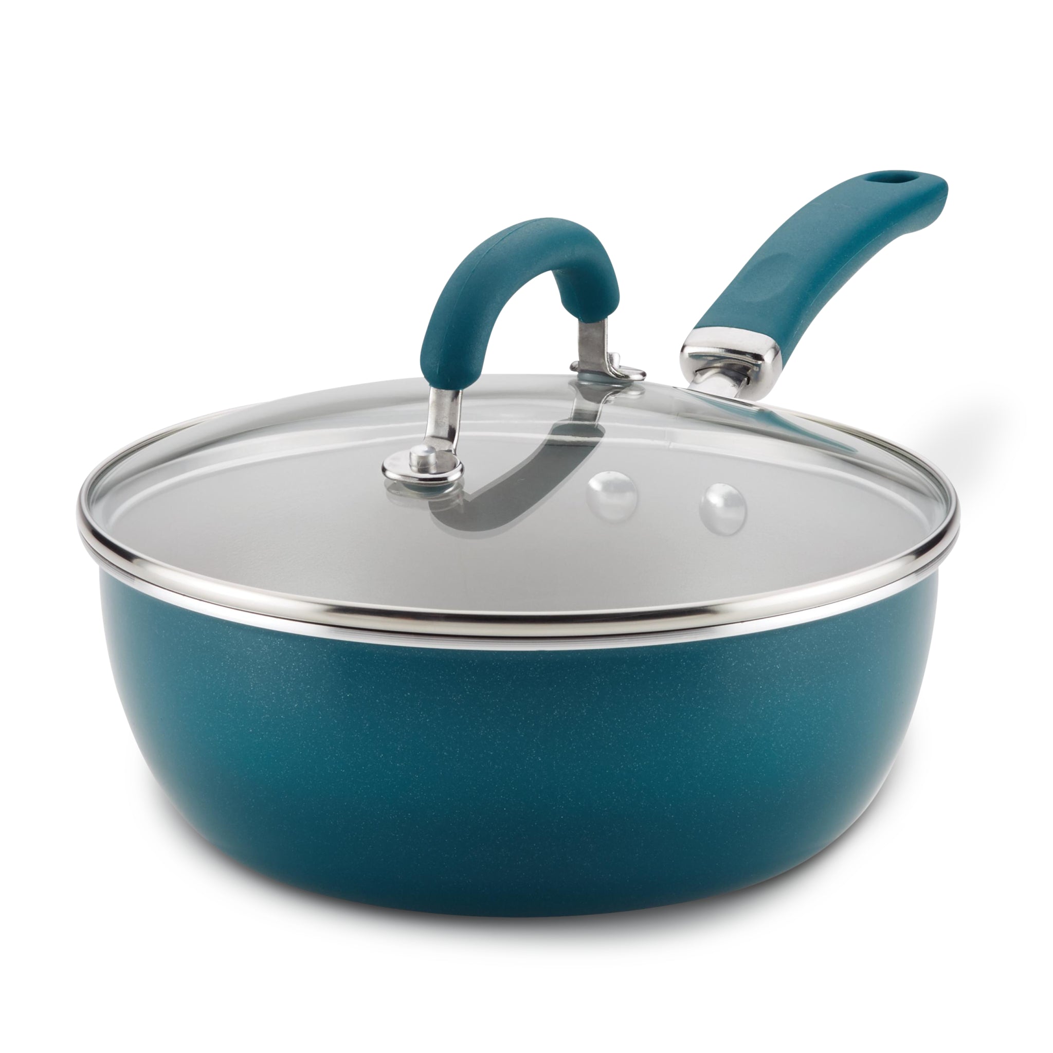 3-Quart Nonstick Induction Chef Pan with glass lid and teal handle, oven safe.