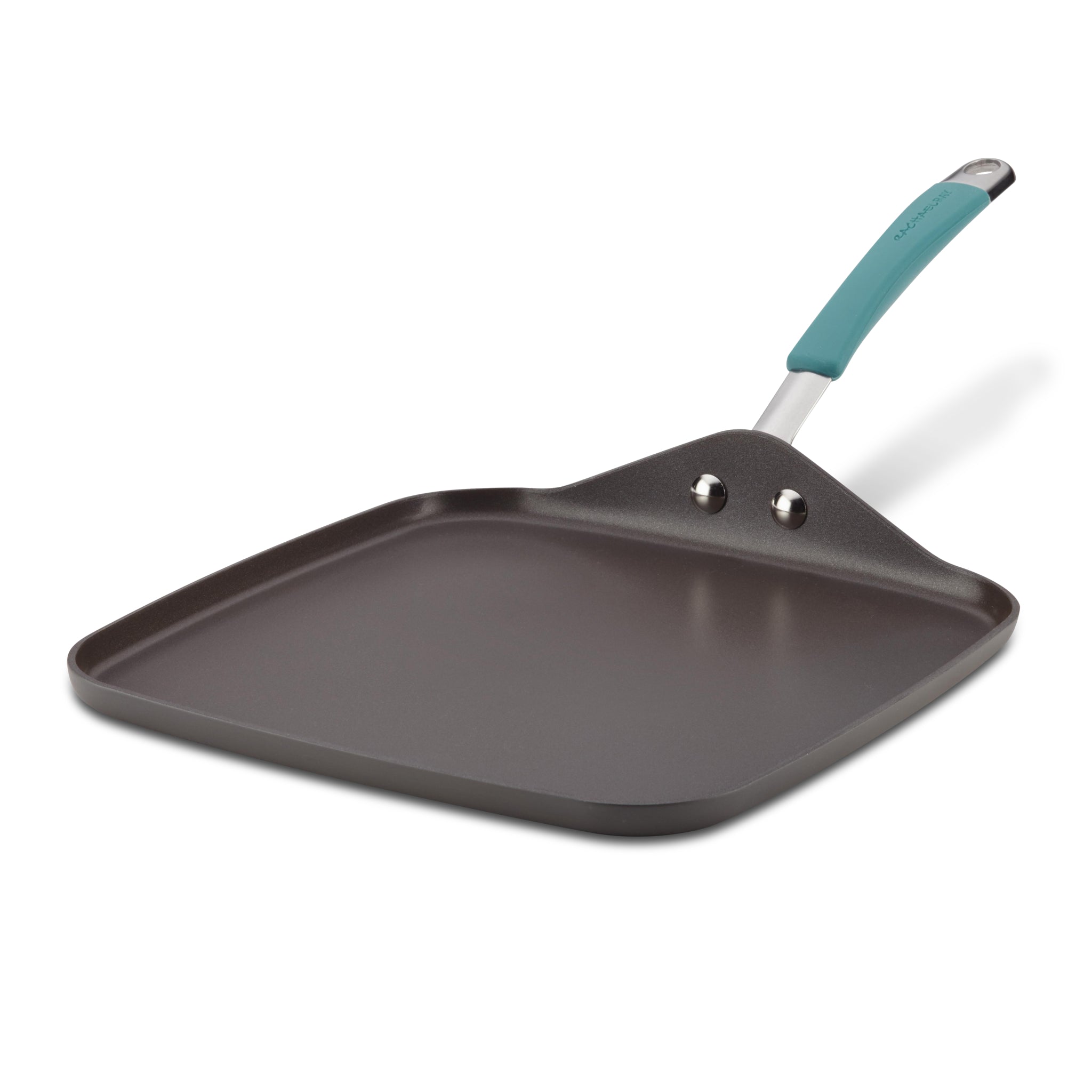 The 11-Inch Cucina Hard Anodized Nonstick Square Griddle, featuring a teal handle, guarantees effortless food release for easy cleanup.