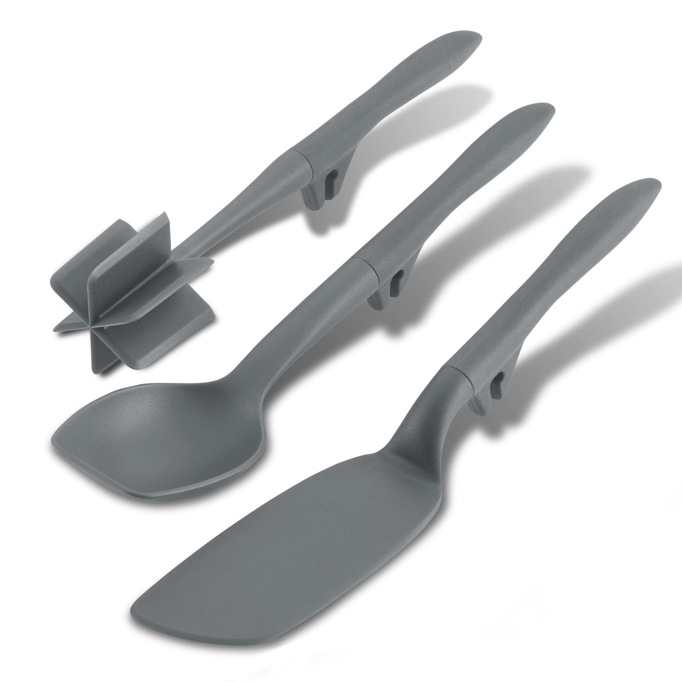 The 3-Piece Lazy Tool Set, which includes a Crush & Chop, Turn, and a pasta server in gray nylon, is perfect for your nonstick pots and pans, all heat safe up to 400°F.