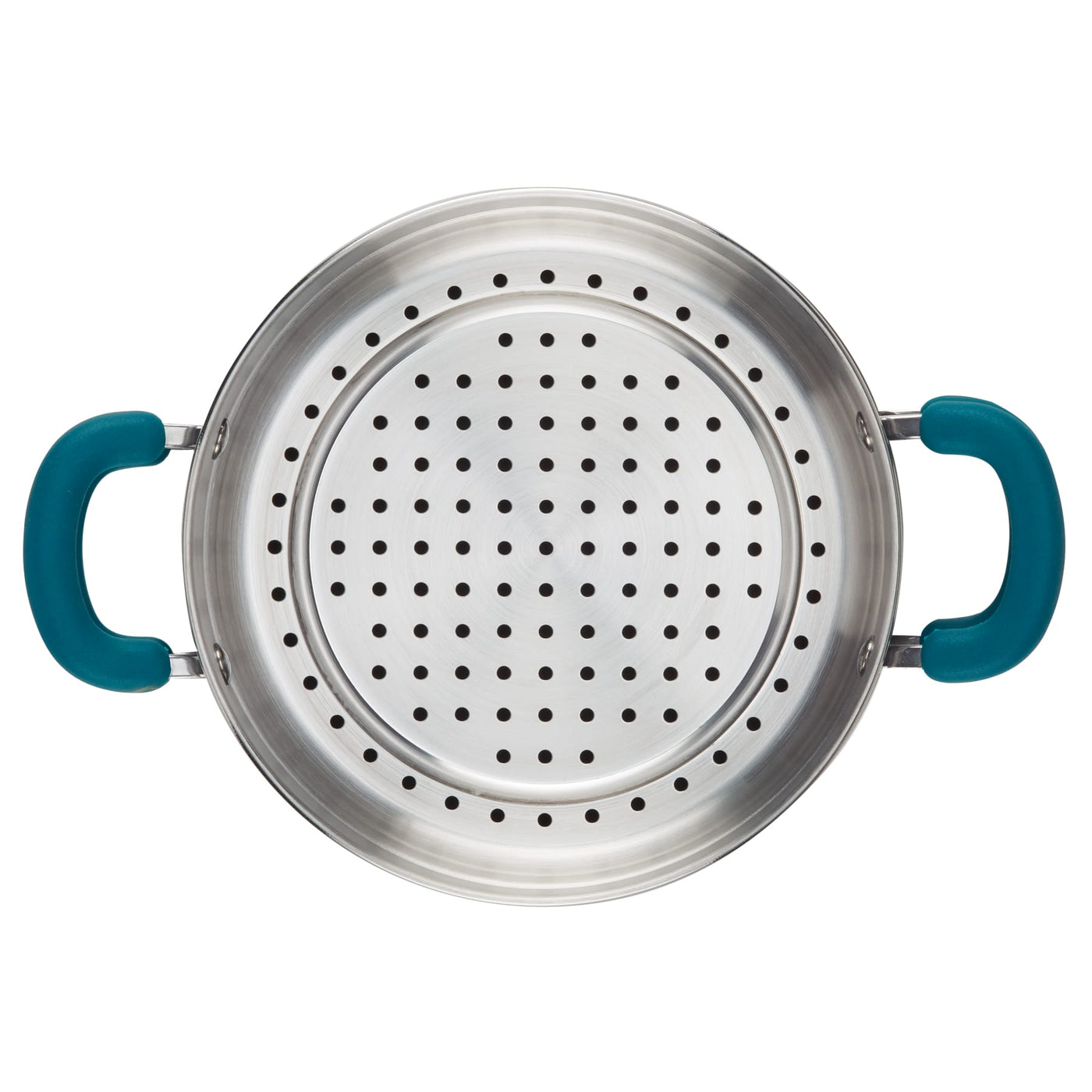 Top view of 3-Quart Hard Anodized Nonstick Induction Steamer Set with teal handles.