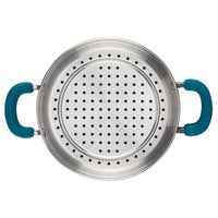 Top view of 3-Quart Hard Anodized Nonstick Induction Steamer Set with teal handles.