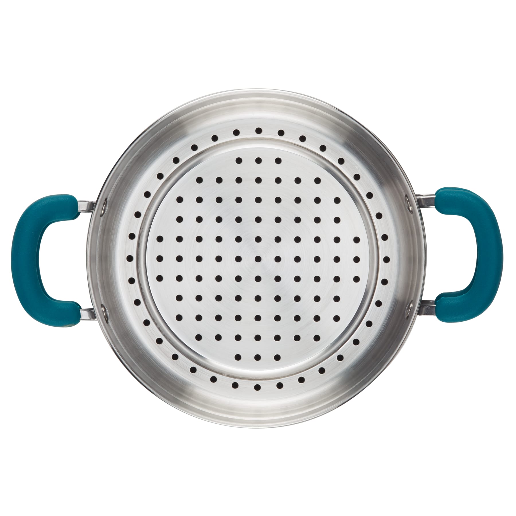 Top view of 3-Quart Hard Anodized Nonstick Induction Steamer Set with teal handles.