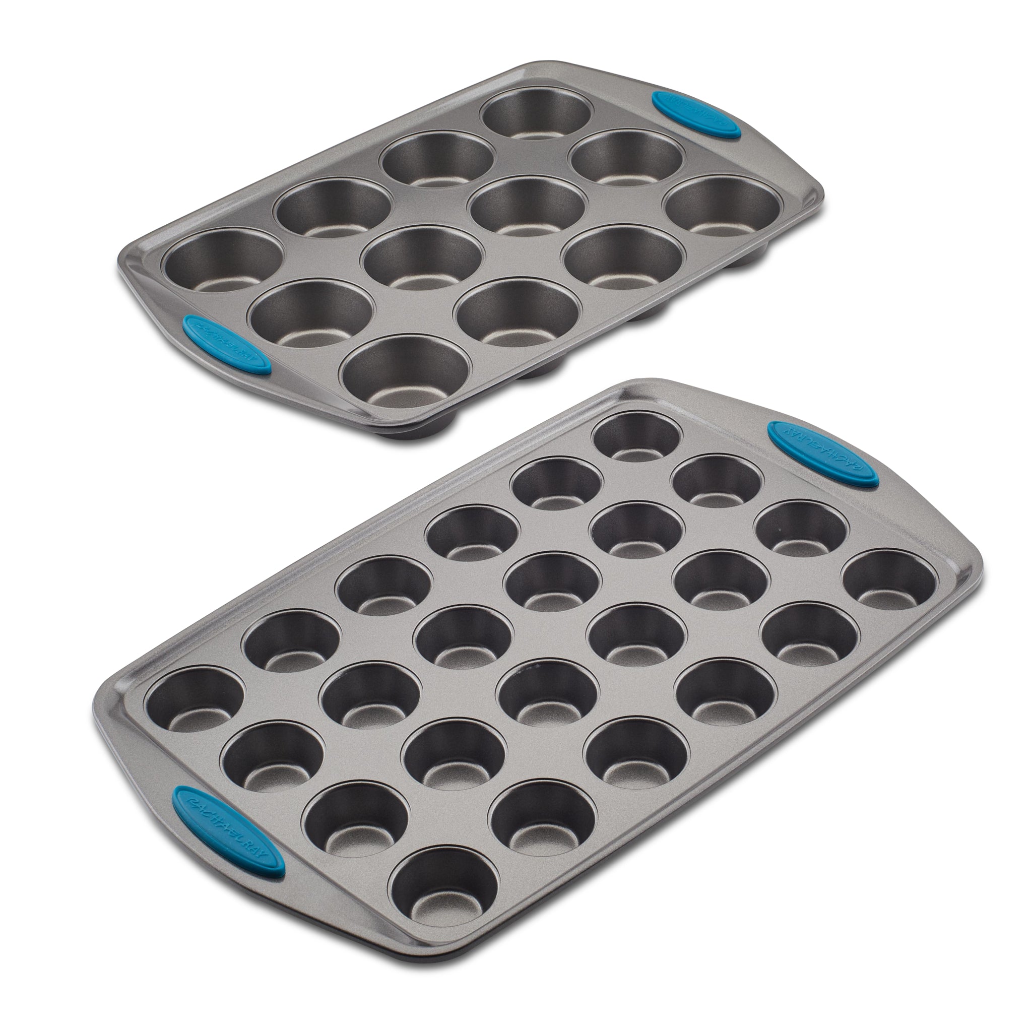 The 2-Piece Nonstick Muffin Pan Set includes metal pans with blue silicone grips, ideal for effortless baking.