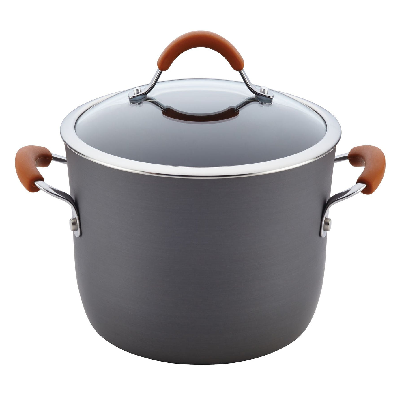 A pot from the 12-Piece Cucina Hard Anodized Nonstick Cookware Set is made from durable aluminum and features a glass lid and brown handles, making it ideal for nonstick cookware enthusiasts.