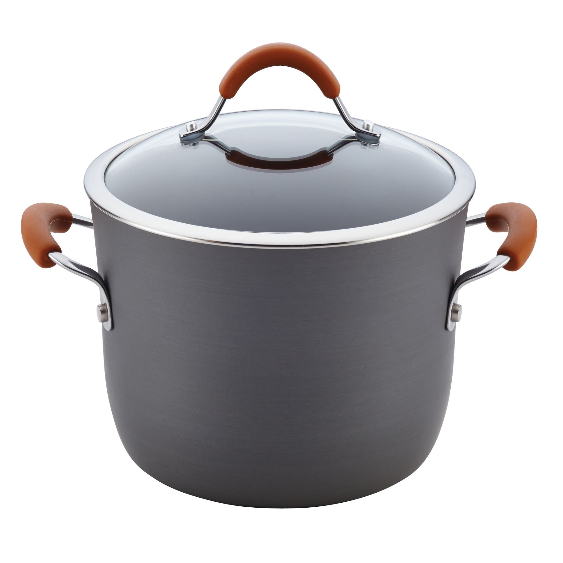 A pot from the 12-Piece Cucina Hard Anodized Nonstick Cookware Set is made from durable aluminum and features a glass lid and brown handles, making it ideal for nonstick cookware enthusiasts.