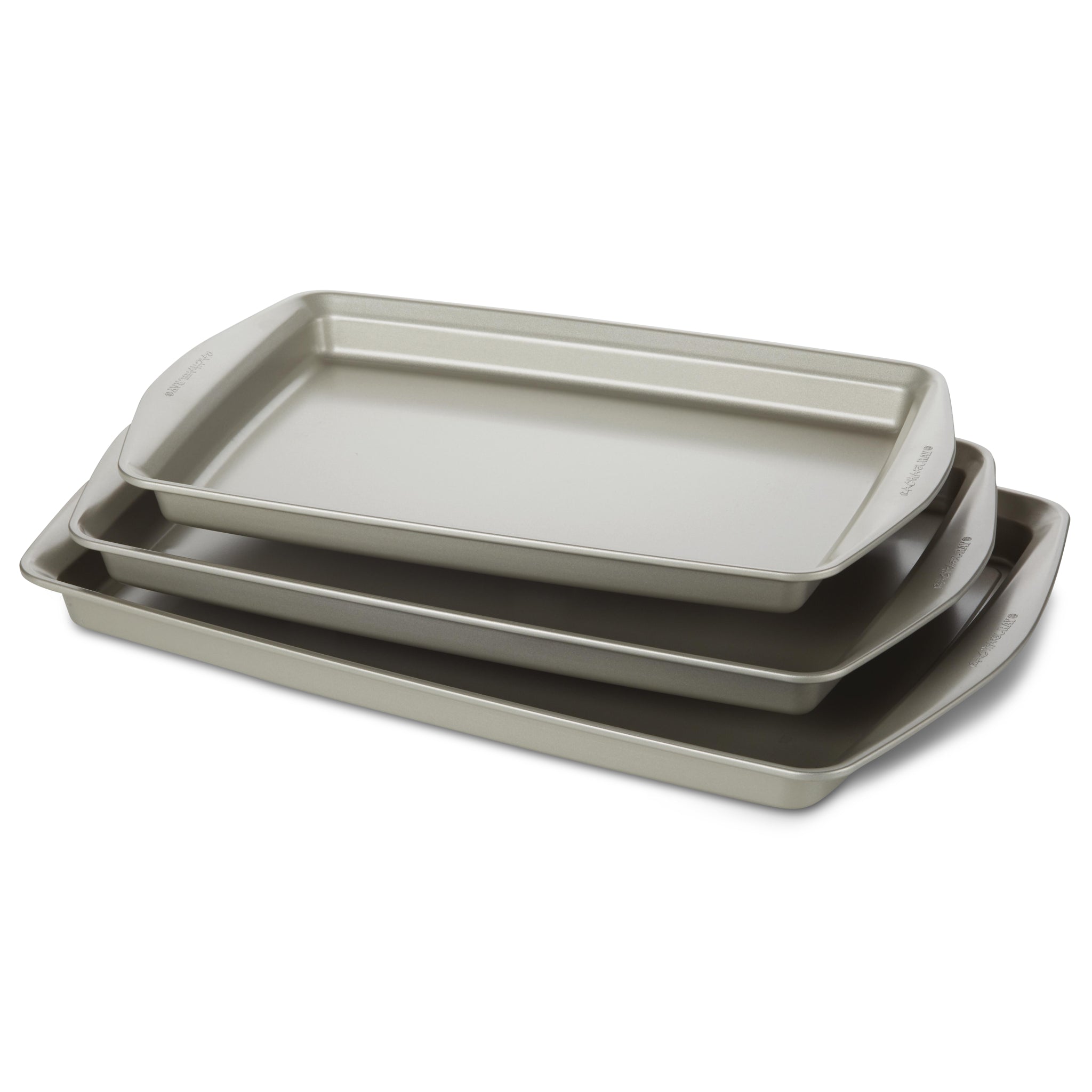 Introducing the "3-Piece Nonstick Jumbo Sheet Pan Set," a collection of three gray baking trays designed to nestle together perfectly. Crafted from heavy gauge steel, these nonstick cookie pans ensure durability and even heat distribution. They are oven safe, meeting all your baking needs with reliable performance every time.