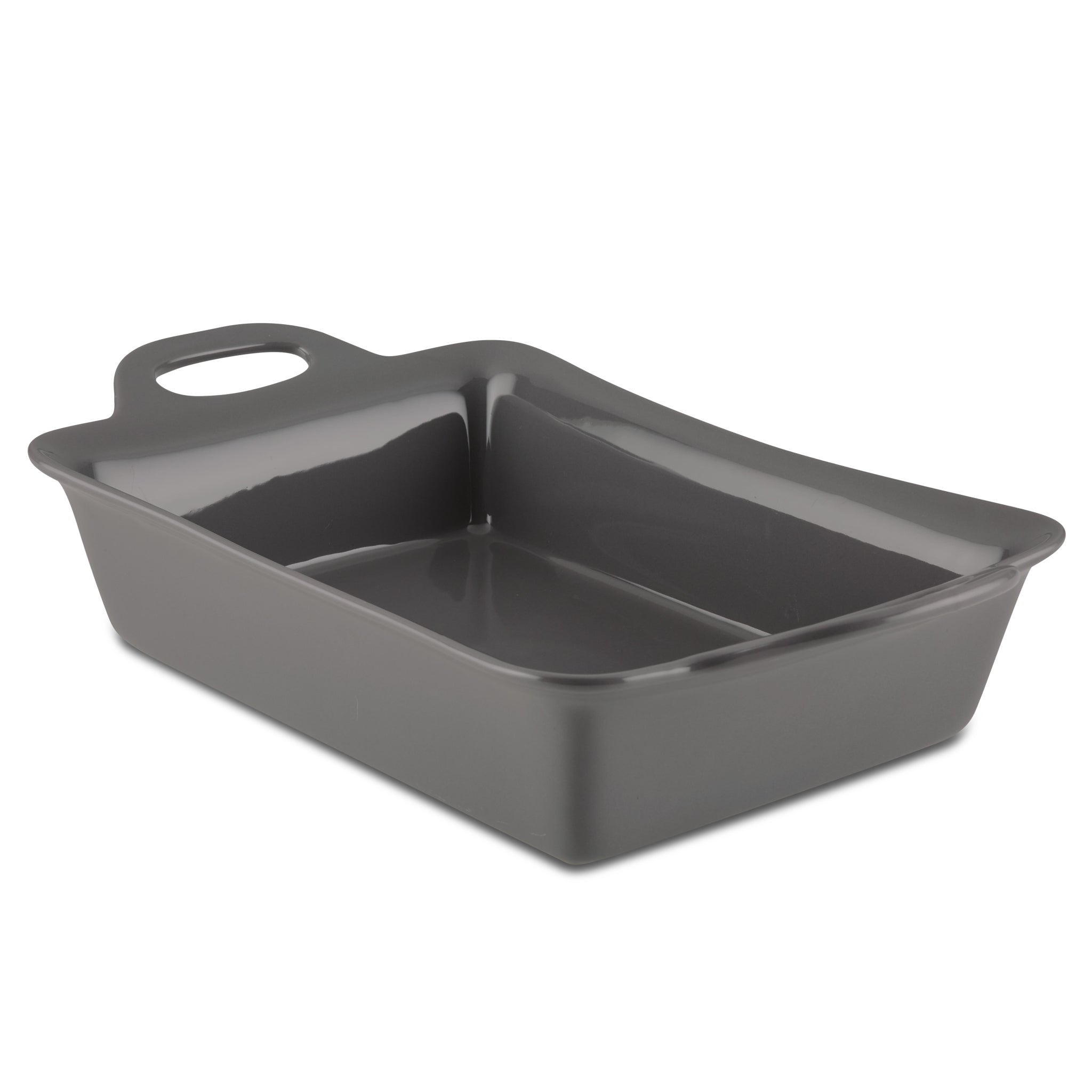 9-Inch x 13-Inch Ceramic Baker in gray, featuring a rectangular shape and a handle on one end, ideal for baking casseroles with its oven-safe design.