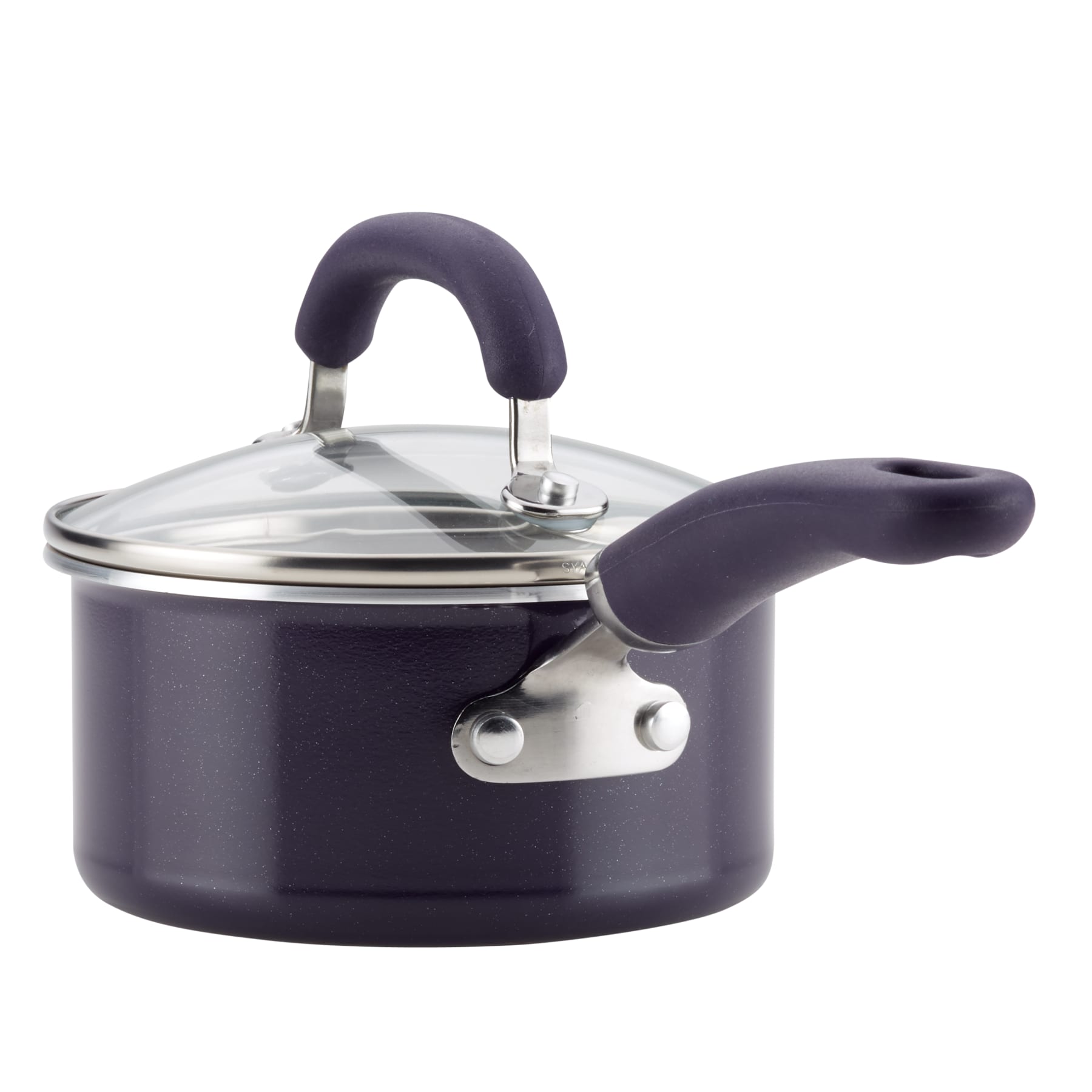 Purple 13-piece nonstick induction cookware set with glass lids and rubber handles.