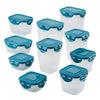 A set of ten 20-Piece Nestable Storage Containers, designed with clear plastic and teal lids, each equipped with a 4-hinge locking system, neatly arranged together.