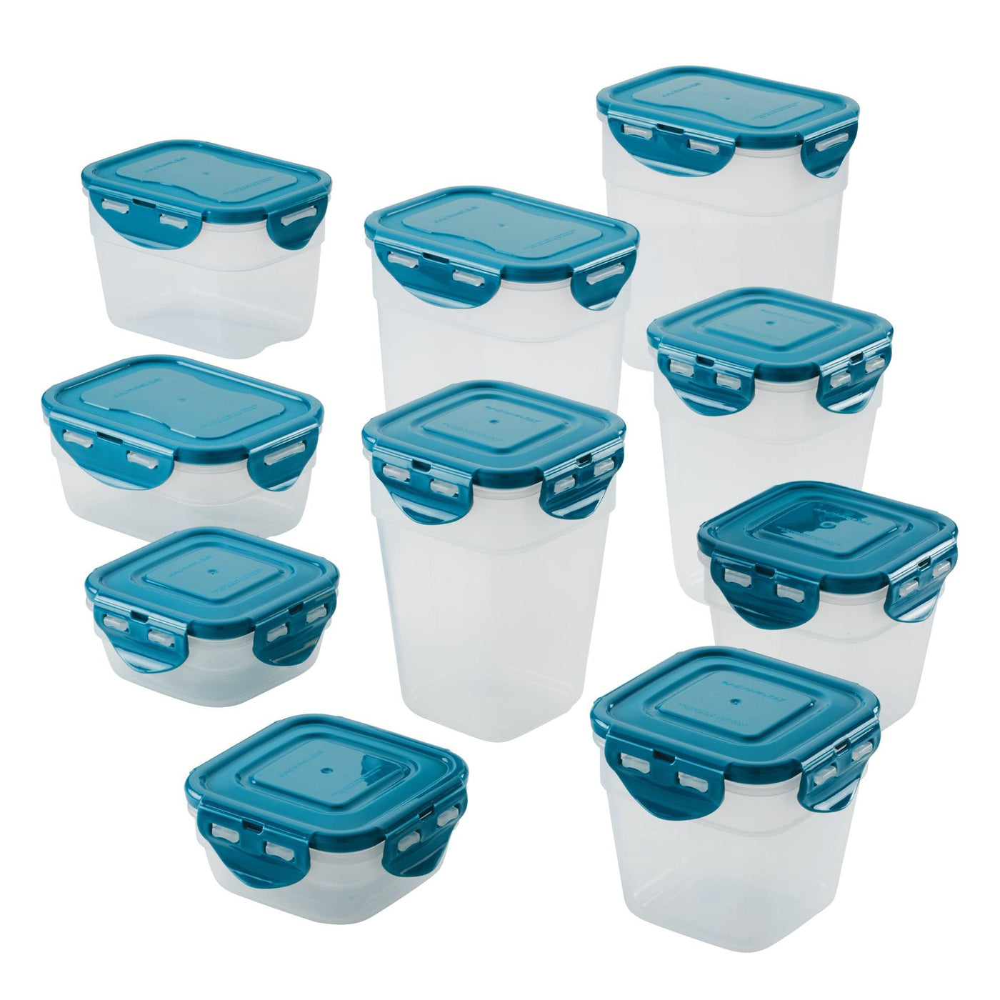 A set of ten 20-Piece Nestable Storage Containers, designed with clear plastic and teal lids, each equipped with a 4-hinge locking system, neatly arranged together.