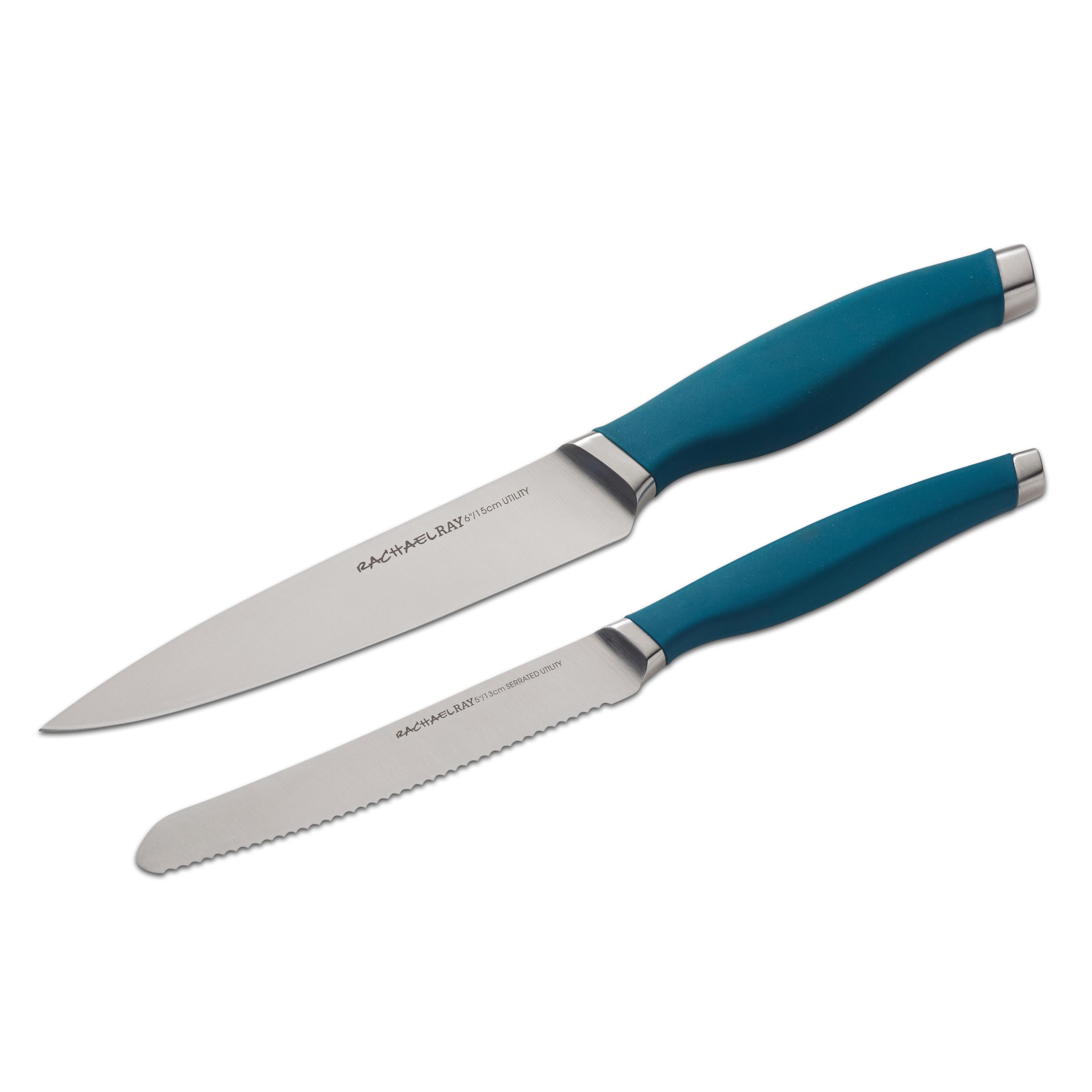 The 2-Piece Utility Knife Set, featuring elegant blue-handled kitchen knives, rests gracefully on a white background. The blades are expertly crafted from Japanese stainless steel, and each knife comes with a protective sheath for safe storage and extended durability.