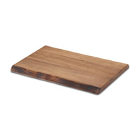 17" x 12" Acacia wood cutting board with a natural edge set against a white background.