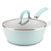 Light blue 3-quart nonstick chef pan with glass lid and oven-safe handle.
