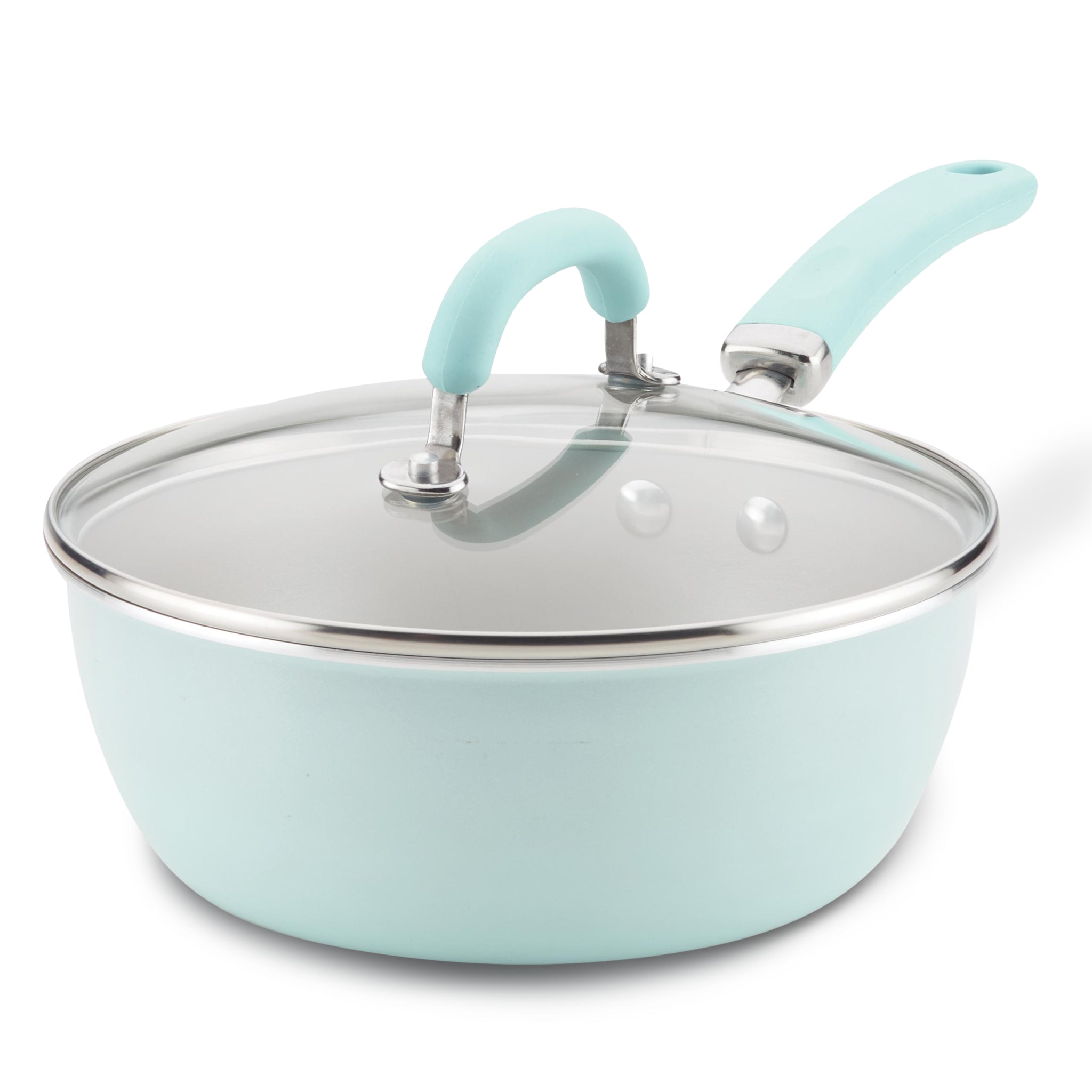 Light blue 3-quart nonstick chef pan with glass lid and oven-safe handle.