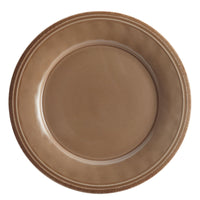 Brown ceramic plate with a glossy finish, from the exquisite 16-Piece Dinnerware Set, viewed from above. The handcrafted texture provides an artisanal touch, enhancing any dining experience.
