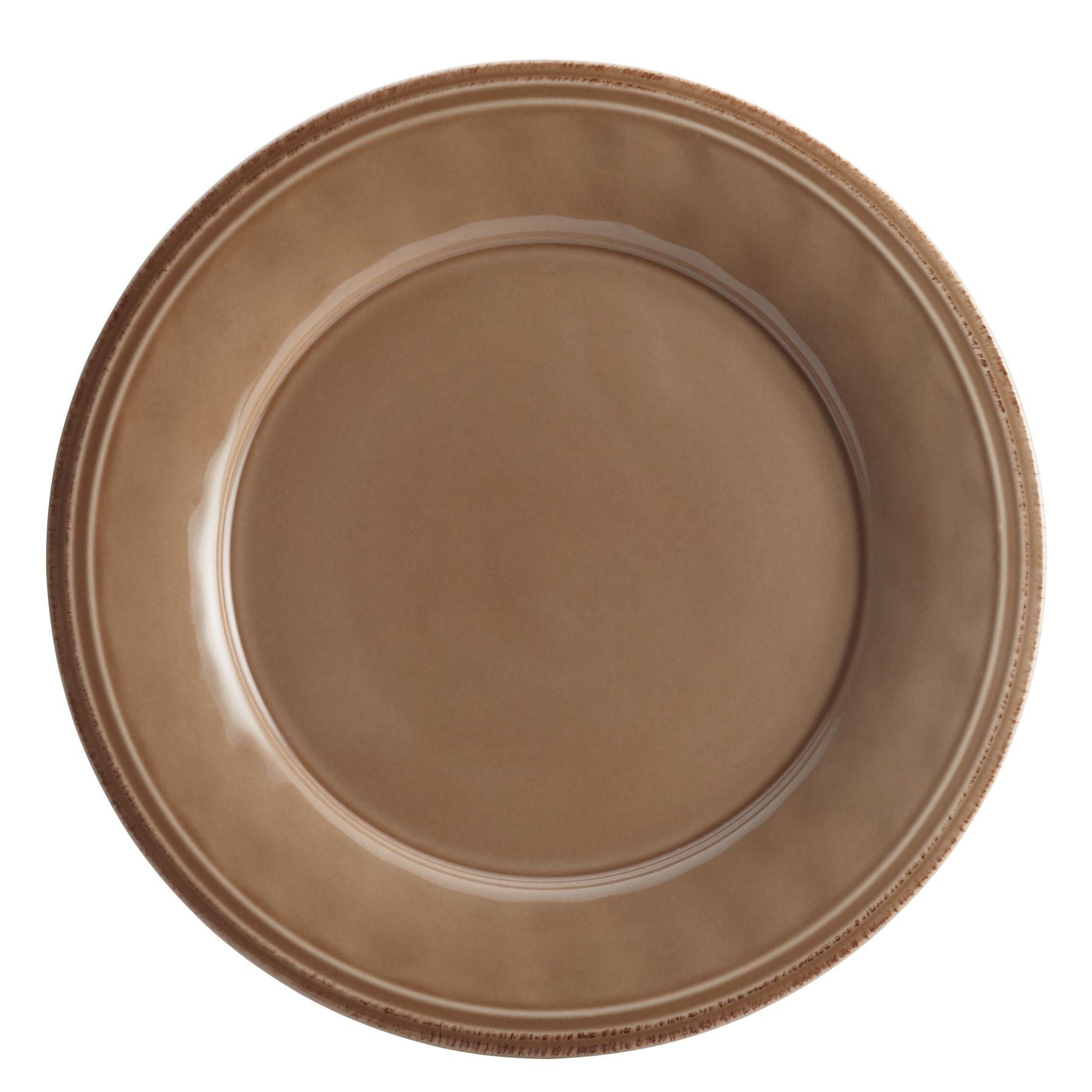Brown ceramic plate with a glossy finish, from the exquisite 16-Piece Dinnerware Set, viewed from above. The handcrafted texture provides an artisanal touch, enhancing any dining experience.