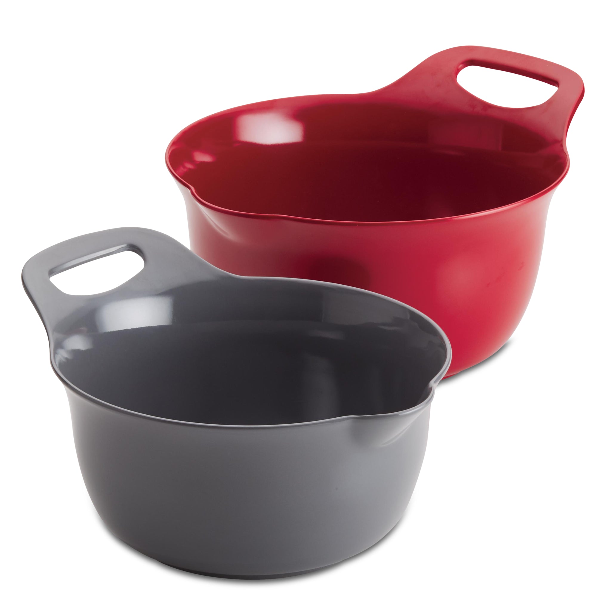 The 2-Qt. & 3-Qt. Nesting Mixing Bowl Set includes red and gray plastic bowls with handles, designed with convenient pour spouts for easy mixing and pouring.