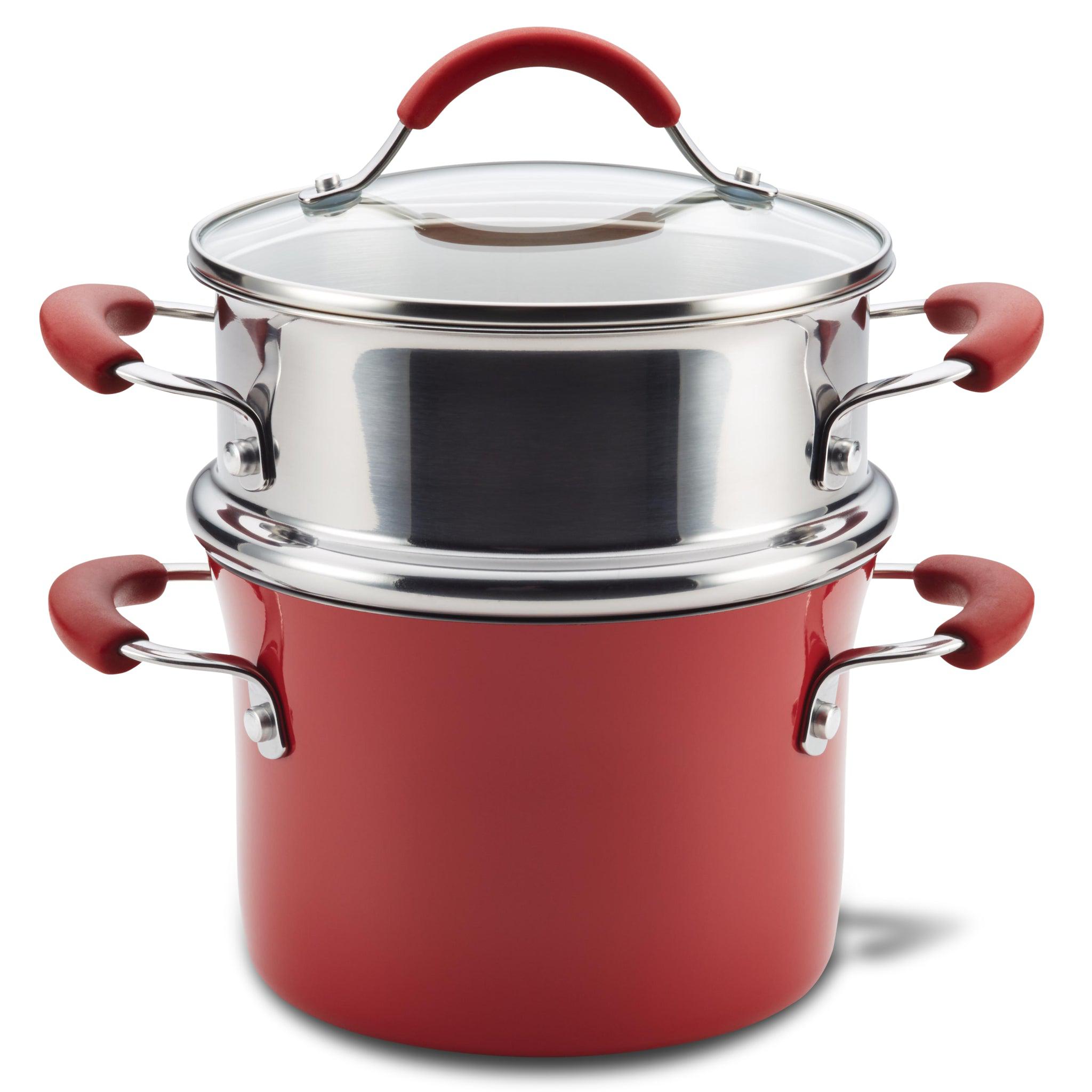 3-Quart Cucina Nonstick Covered Steamer Set in red and silver, showcasing durable aluminum construction with glass lids and red handles.