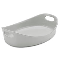 4.5-Quart Oval Baker features a classic white ceramic design with two handles on each end, making it ideal for seamless oven-to-table serving. Enjoy hassle-free cleanup with its dishwasher-safe capability.
