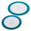 This 2-Piece Silicone Suction Lid Set includes two round, versatile lids with clear centers and blue edges made from durable silicone to provide an airtight seal.