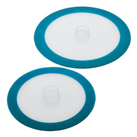 This 2-Piece Silicone Suction Lid Set includes two round, versatile lids with clear centers and blue edges made from durable silicone to provide an airtight seal.